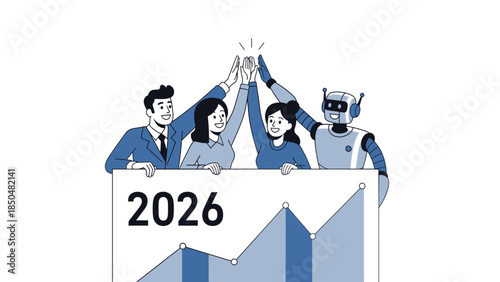 Business team with robot celebrating success and future growth in 2026 with a graph.