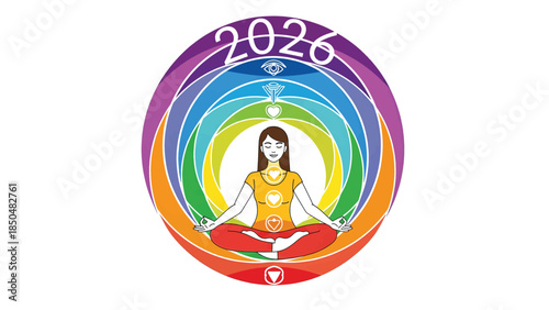 Woman Meditating in Lotus Position with Chakra Colors and 2026 for New Year's Spiritual Growth.