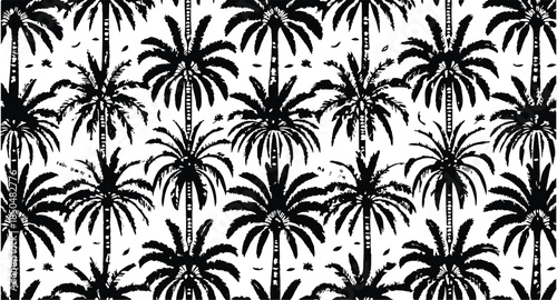 Repeating Pattern of Black Palm Trees on White Background tropical nature