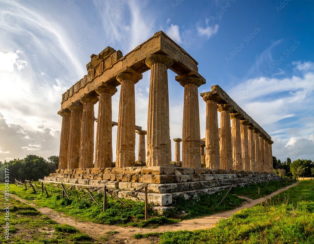Fototapeta premium Ancient Doric temple ruins bathed in sunlight under a blue sky