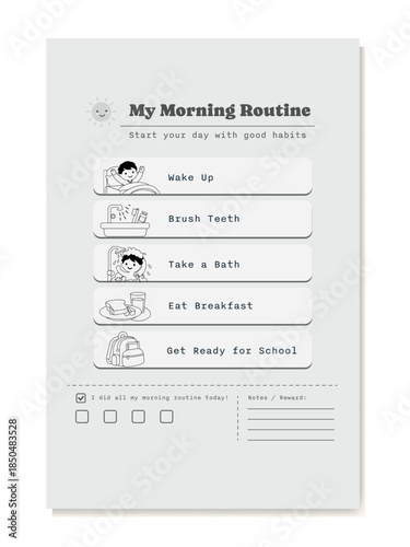 A printable black and white 'My Morning Routine' checklist for children, illustrating daily habits like waking up, brushing teeth, bathing, eating breakfast, and getting ready for school.