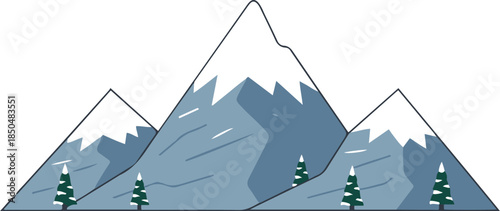 Vector illustration of a stylized mountain range featuring three snow-capped peaks and small evergreen trees, designed in a flat, blue-toned geometric style.
