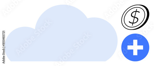 Cloud technology, digital services, healthcare, financial solutions, online storage, innovation. A cloud shape with a dollar sign and medical cross symbols. Cloud technology and digital services