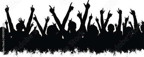 Silhouette of a Cheering, High-Energy Audience Making the Rock Hand Sign with Arms Raised in Celebration at a Live Music Concert, Featuring a Grunge Border.
