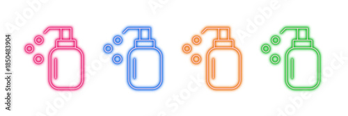 Neon glowing soap dispenser vector icons set, hygiene, handwash, sanitizing, liquid, skincare, colorful glowing vector art illustration.