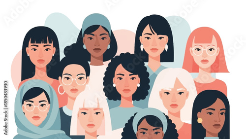Diverse group of women from different cultures and backgrounds gathered together in a vibrant illustration