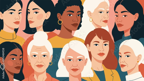 Diverse group of empowered women from various backgrounds and ages, symbolizing unity, strength, and community in a vibrant portrait