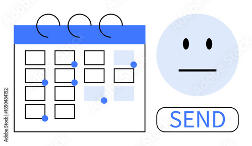 Time management, task completion, workflow organization, remote productivity, scheduling tools, digital planning. Calendar with dots, neutral face and send button. Time management and task