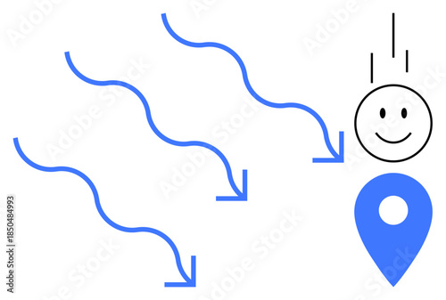 Navigation concept. Navigation with flowing arrows, happy face, and location marker direction and user satisfaction. Navigation improves efficiency, travel, logistics, apps, design