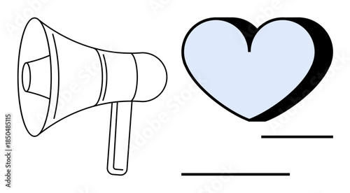 Advocacy, empathy, social campaigns, love communication, marketing, relationships. Megaphone and heart icon in simple design. Advocacy and empathy concept illustrated through symbols