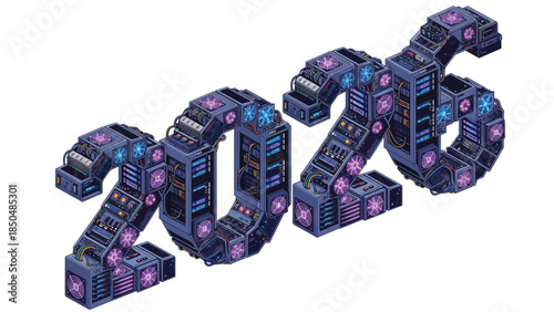 Isometric 2026 number made of futuristic server racks and glowing neon lights, representing technology and data for the new year.