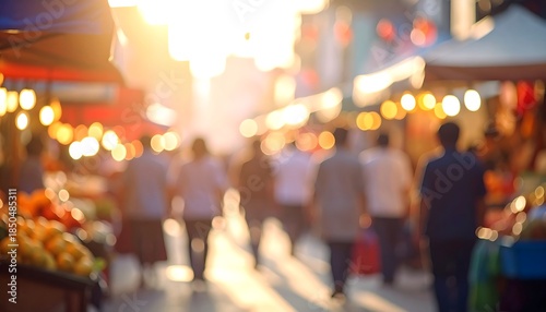 A sun-drenched, blurry street scene bustling with shoppers under market canopies. The golden hour casts a warm glow, creating bokeh
