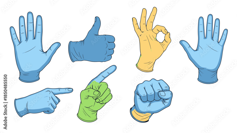 Fototapeta premium Set of Human Hands, Some Gloved, Performing Diverse Gestures and Signs, Isolated on a Dark Background