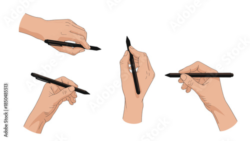 Illustrated human hands holding digital pens and styluses in various creative positions for drawing and design projects.