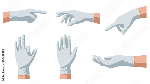 Illustrative diverse human hand gestures in white protective gloves, performing actions like pointing, open palm, and grasping.