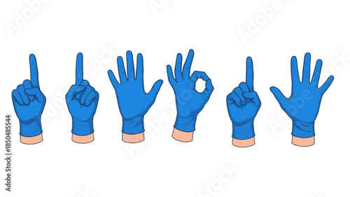 Illustrative view of various human hand gestures with blue protective gloves against a dark background, emphasizing communication and hygiene
