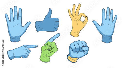 Set of Human Hands, Some Gloved, Performing Diverse Gestures and Signs, Isolated on a Dark Background