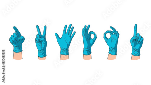 Diverse hand gestures illustrated by hands wearing blue protective gloves, conveying communication and safety concepts on a dark background.