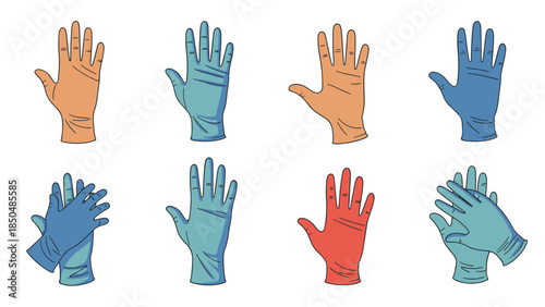 Vector illustration of various human hands, some bare and others in protective gloves, showcasing hygiene, safety, and care concepts.