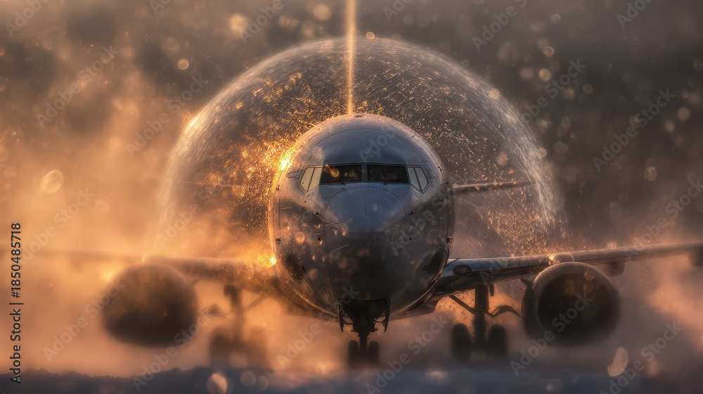 Naklejka premium Airplane creates magical snow globe effect in fog