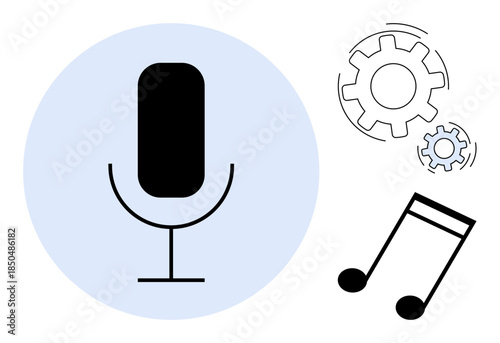 Music production, sound technology, podcasting, innovation, audio editing, and engineering. A microphone, gears and musical notes. Music production and sound technology concept
