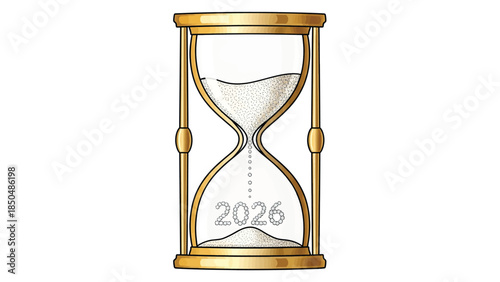 Golden hourglass with sand flowing, symbolizing the passage of time and the year 2026.