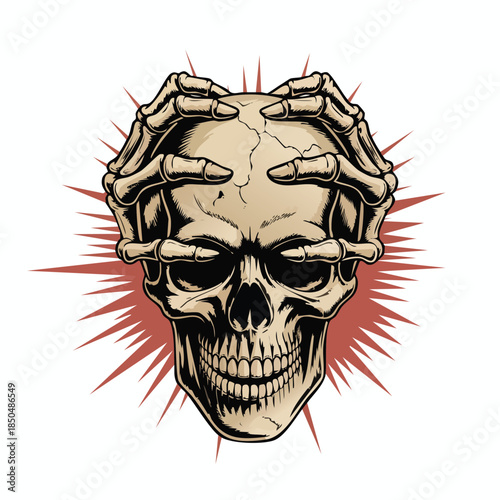 Grim Skull Gripped by Skeletal Hands Illustration.