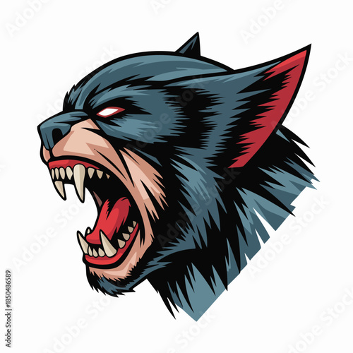 Illustrated snarling wolf head portrait with fierce expression.
