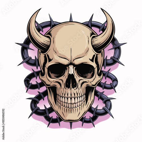 Horned skull with spiked circle illustration.