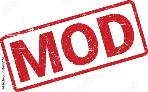 Distressed Red MOD Rubber Stamp Impression on White Background, Slanted and Rectangular Shape