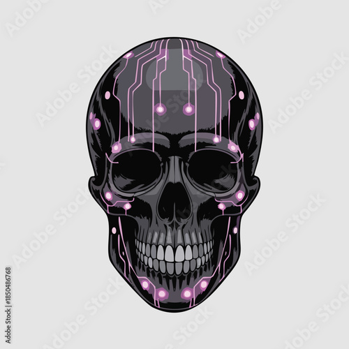 Cyborg Skull Illustration with Circuitry Pattern.
