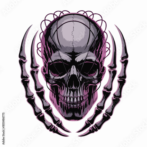 Dark Skull Surrounded by Skeletal Hands and Wire Crown.