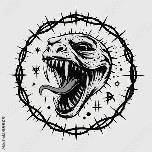 Demon head illustration inside barbed circle design.
