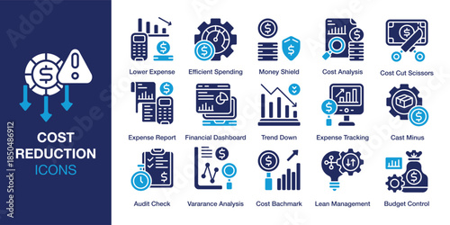 Cost Reduction Icon set. Containing profit, margin, optimization, lean, strategy, planning and more. Solid vector icons collection. Vector illustration.