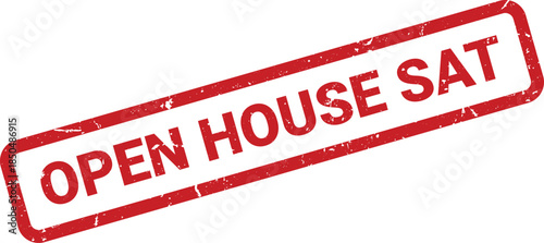 Distressed Red Open House Saturday Stamp with Rounded Corners Isolated on a White Background