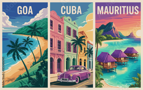 Vintage travel poster triptych featuring Goa, Cuba, and Mauritius, showcasing retro illustration style, tropical destinations, cultural landmarks, vibrant colors, nostalgic tourism artwork for travel 