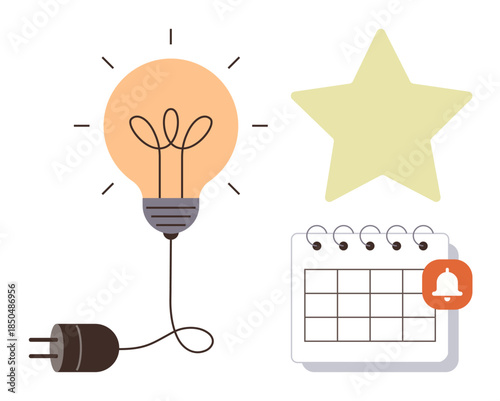 Lightbulb with plug, calendar with reminder bell, and star symbol. Ideal for creativity, planning, innovation, organization, motivation productivity and goal-setting. Simple flat metaphor