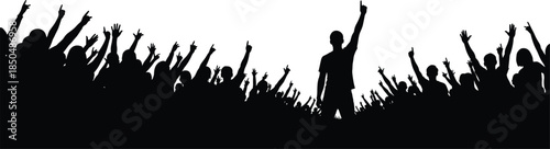 Silhouettes of a Massive Cheering Crowd at a Live Music Concert or Festival with Arms Raised in Celebration, Worship, Excitement, and Unity Against a Bright Background.