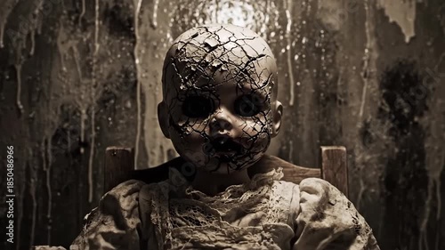 A terrifying, broken baby doll stares intensely in a cinematic, sepia-toned close-up, confined within a dark, grimy prison.