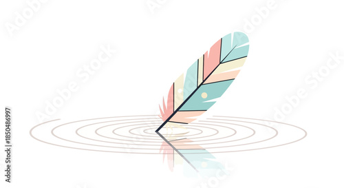 Abstract artistic feather floating on water with ripples in pastel colors