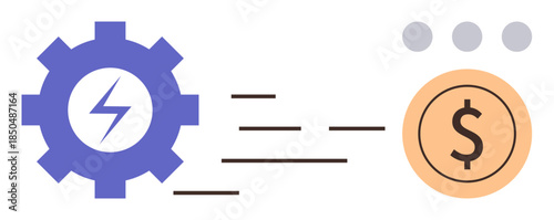 Purple gear with lightning bolt, dollar icon, and motion lines represent energy optimization and cost reduction. Ideal for finance, technology, sustainability, business, innovation, efficiency