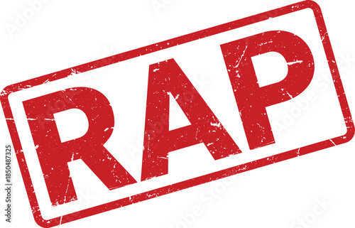 Grunge Red Rubber Stamp With the Word RAP Angled on a White Background