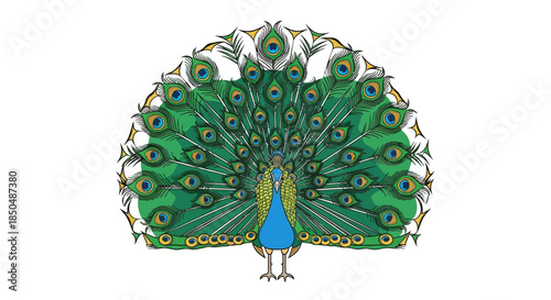 Elegant peacock with vibrant feathers displaying intricate feather patterns and striking blue and