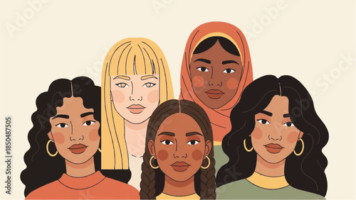 Empowering illustration of diverse women celebrating unity and strength, symbolizing global solidarity and female collaboration for a brighter future