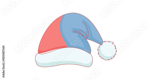 Festive Santa hat with a red and blue color design featuring a fluffy white pom-pom and brim for