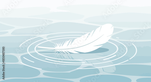 Gentle white feather floating on calm water surface with ripples and reflections creating a serene