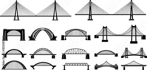 Bridge design collection vector illustration showing cable stayed suspension arch truss bridge icons for engineering architecture transport infrastructure infographic set modern urban 
