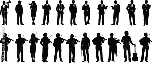 Business and musician silhouettes collection, professional people standing poses, orchestra performers with instruments, isolated black vector illustration set on white background design elements 