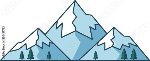 Vector illustration of a stylized mountain range featuring three snow-capped peaks and small pine trees at the base, designed in a flat, geometric blue style representing a winter landscape.
