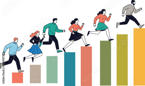 Business growth concept illustration, people running upward on bar chart, career progress, success motivation, teamwork achievement, financial increase, startup development, performance improvement